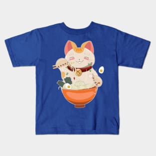 cat eating ramen in bowl Kids T-Shirt